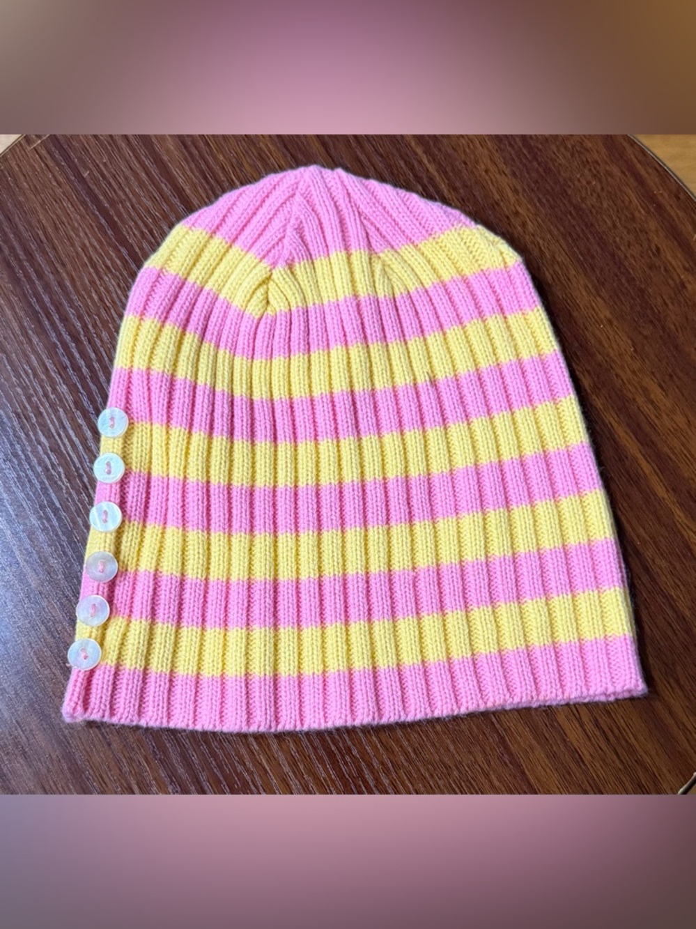 Pink & Yellow Striped Beanie With Rib-knit "Fisherman" Style With Clear Buttons